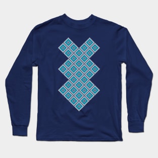 Traditional Embroidery Pattern #16 Unique Folk Tatreez Cross Stitching Art -blue-wht Long Sleeve T-Shirt